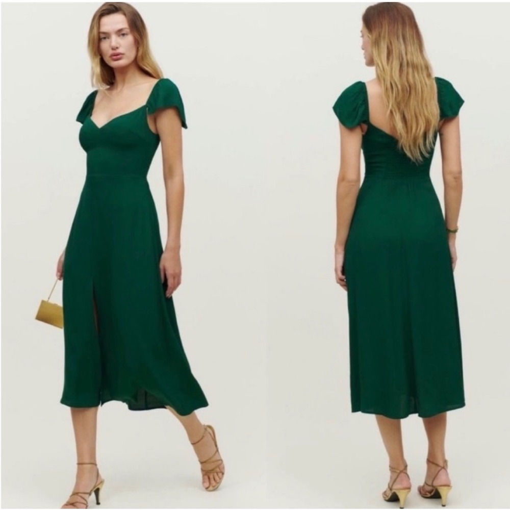 Reformation Baxley Dress Emerald Green Midi Sweetheart Flutter Sleeve Size 10